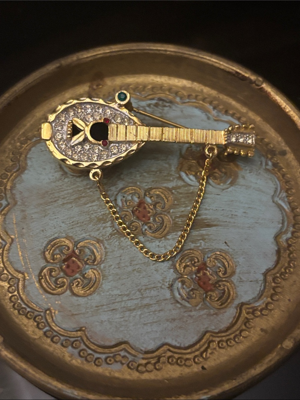 Vintage Mandolin Brooch with Rhinestones and Chain